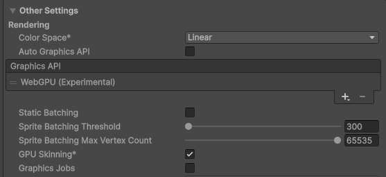 Unity Player Settings with WebGPU selected as the graphics API