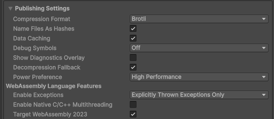 Unity Web publishing settings with Brotli compression, data caching, and WebAssembly 2023